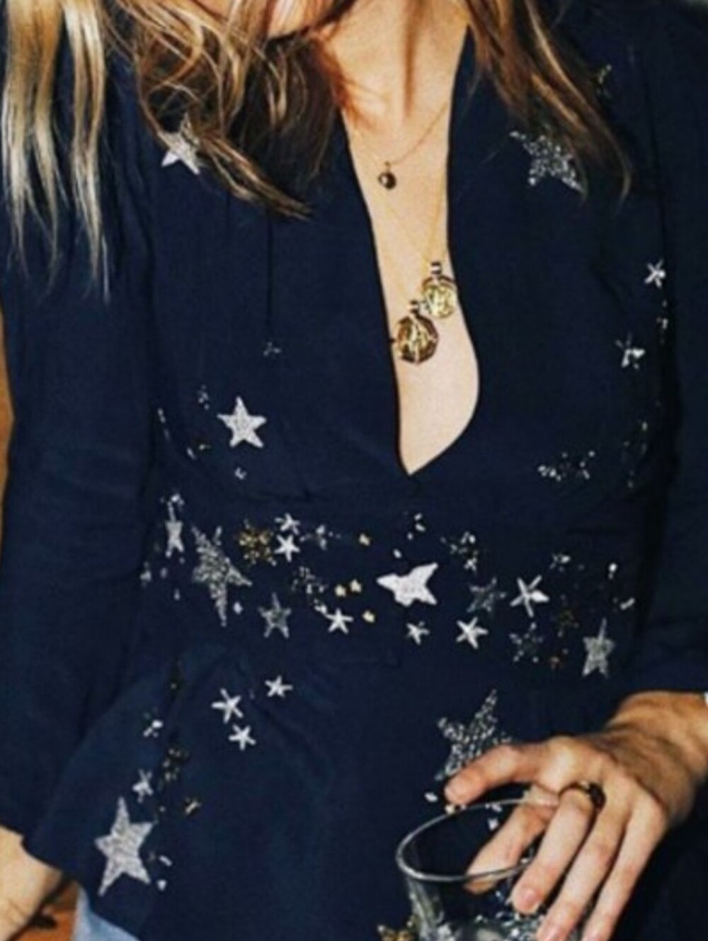 RIXO V-Neck Star-Embellished Long Sleeve Top